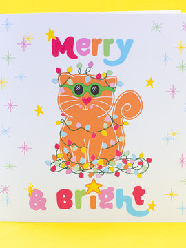 Merry & Bright, Colourful Christmas Card for a Cat Person.