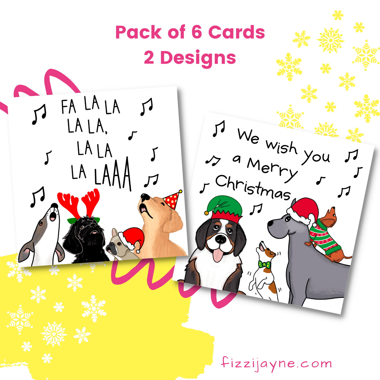 Pack of 6 Christmas cards, 2 designs of Dogs dressed in festive outfits and singing carols