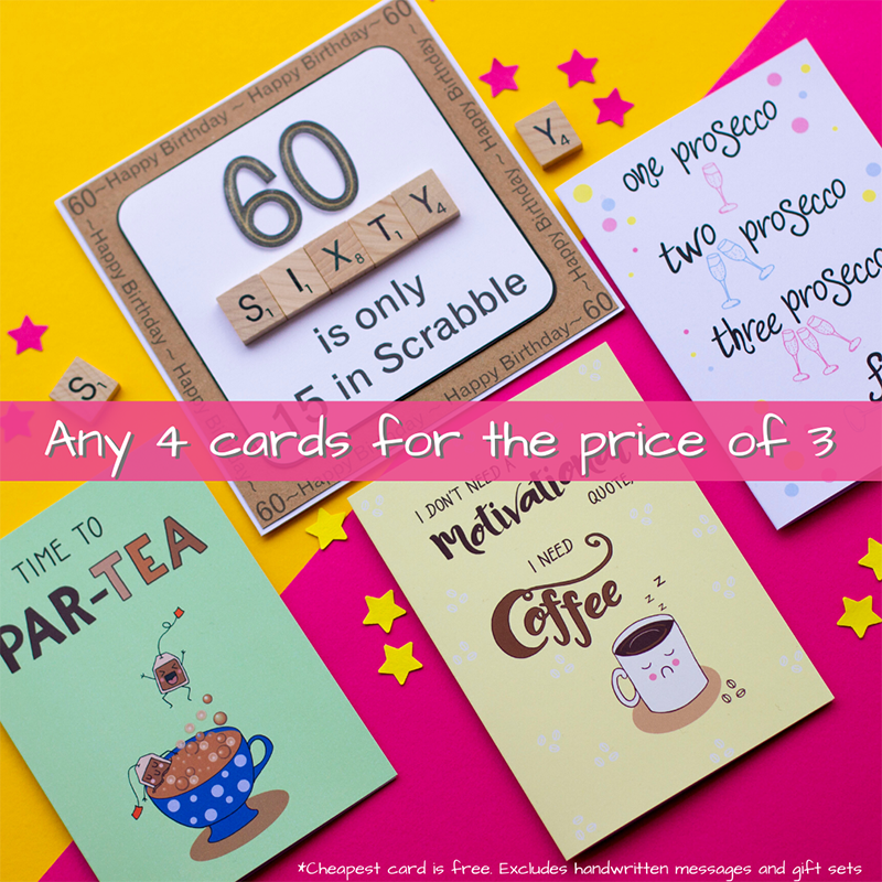 scrabble birthday card, prosecco greeting card, tea pun card, coffee quote card 4  cards for the price of 3