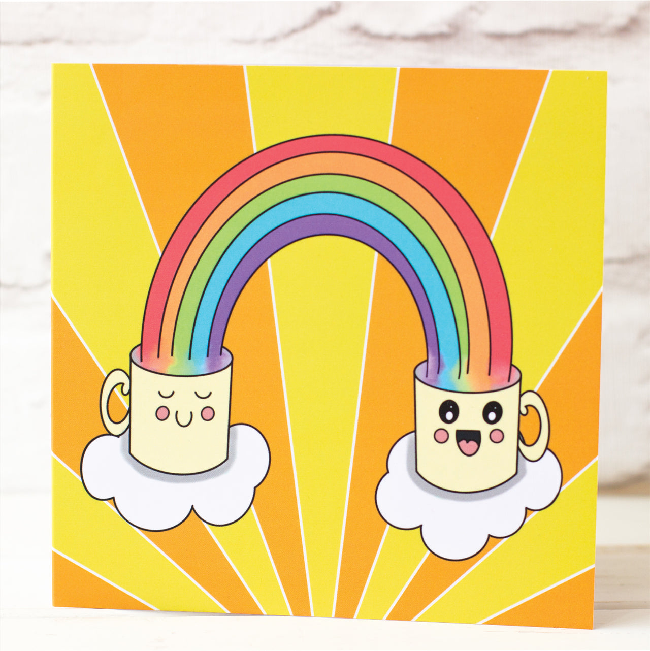 Send a Smile. Happy, Cute Mugs and Rainbows Greeting Card.