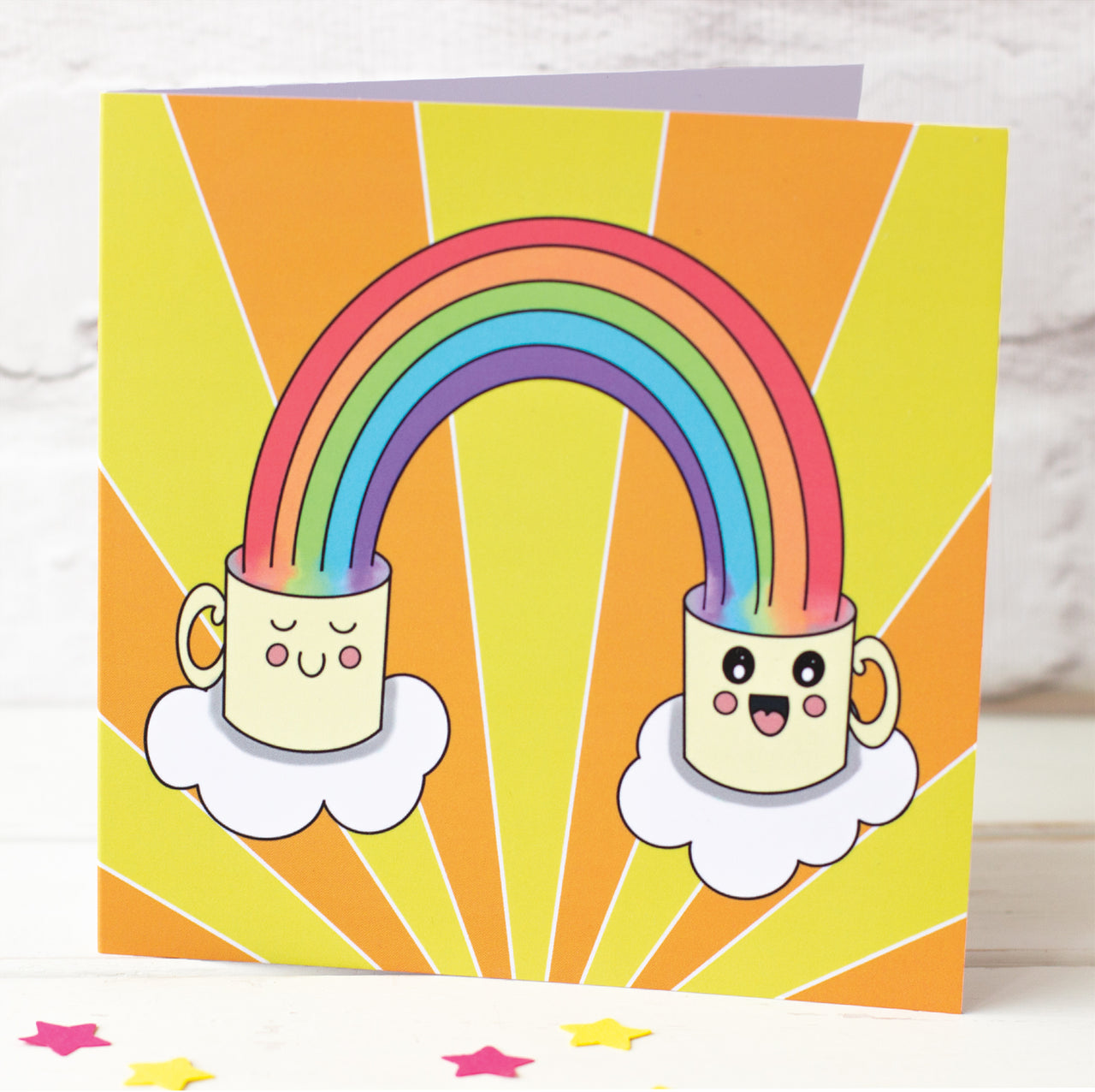 Send a Smile. Happy, Cute Mugs and Rainbows Greeting Card.