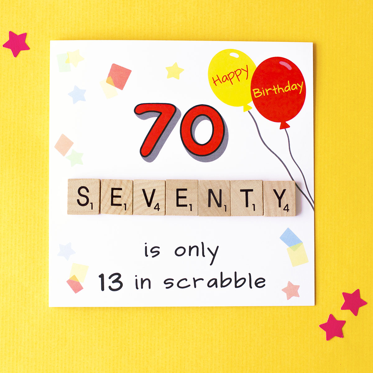 70 is only 13 in scrabble. 70th Birthday card by fizzi~jayne. White card on a yellow background