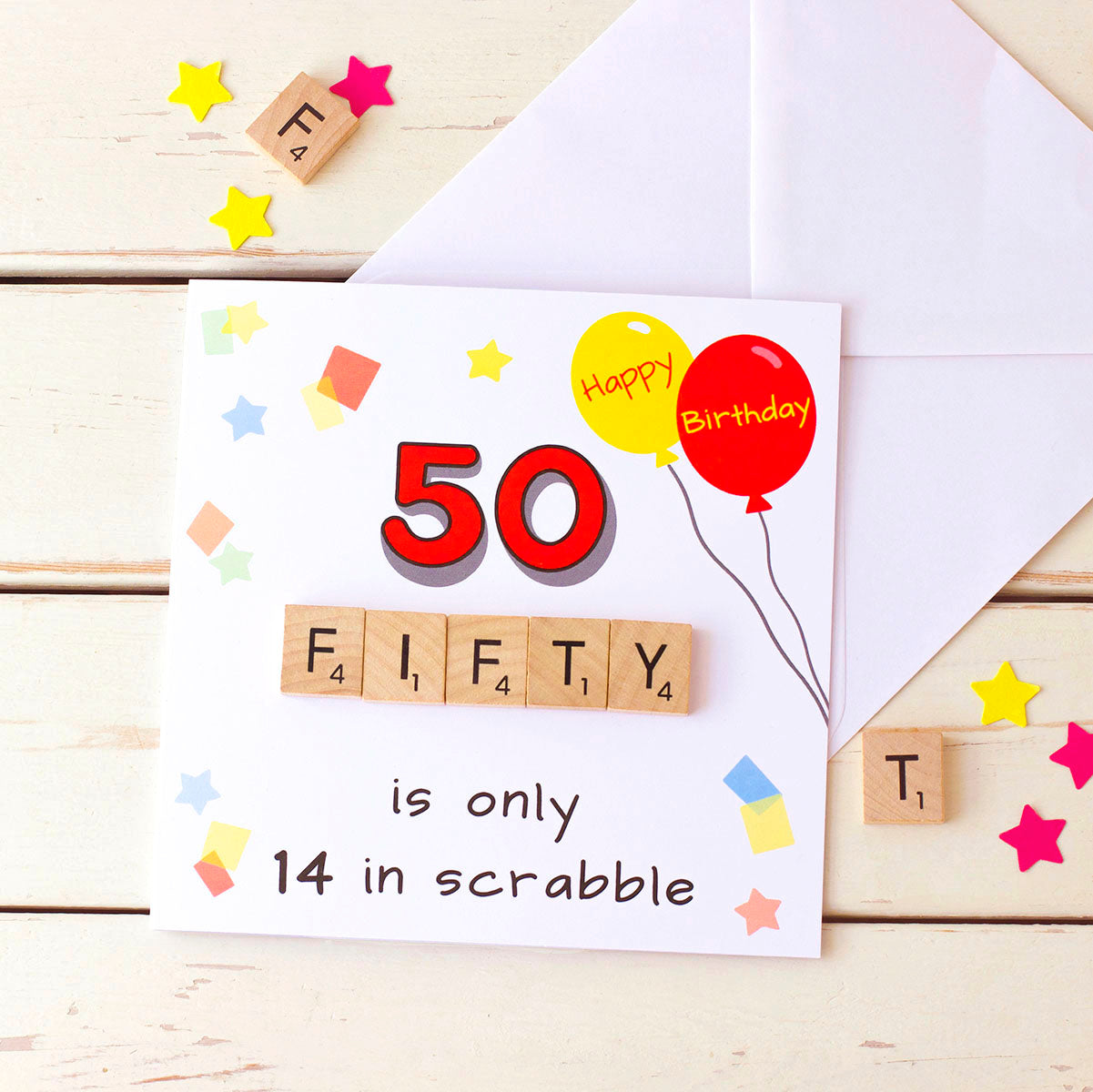 50 is only 14 in Scrabble. Funny 50th Birthday Card