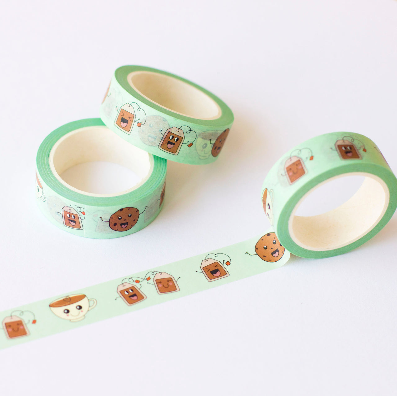 Washi Paper tape with happy Kawaii style tea cups, tea bags and cookies 