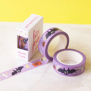 Cute Halloween Bats, pumpkins and ghosts on Washi Tape with a purple background. Packaged in a box