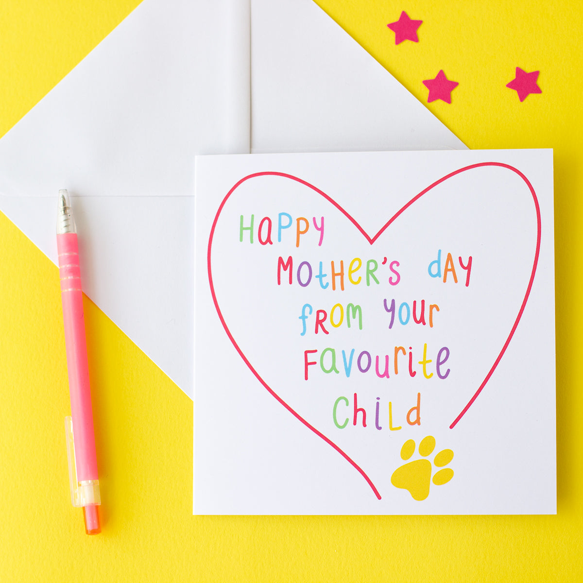 Happy Mother's day card from your favourite child with a paw print. colourful Mother's Day card from the cat or dog. 