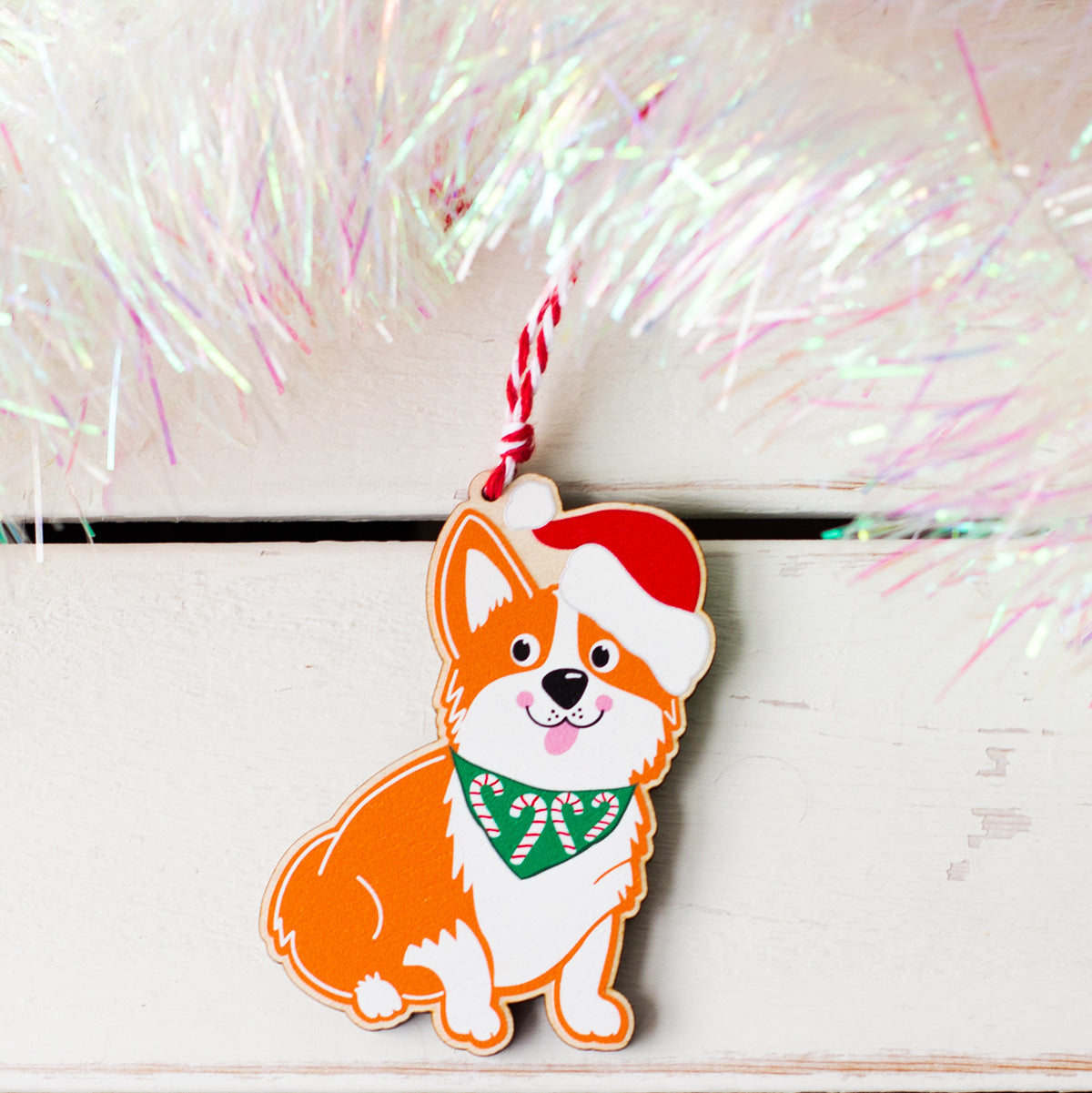 cute gingerbread corgi wooden tree decoration for Christmas with red and white twine