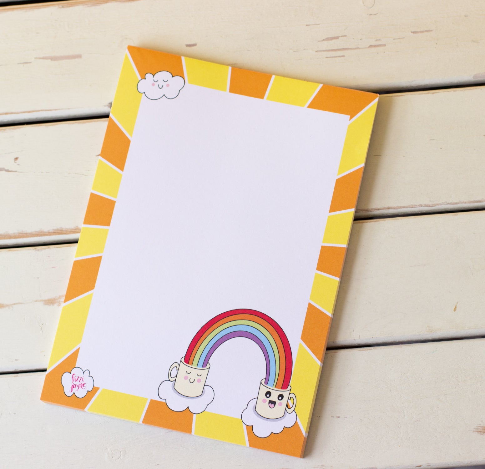 A5 colourful notepad. Cute mugs with rainbow and smiling cloud